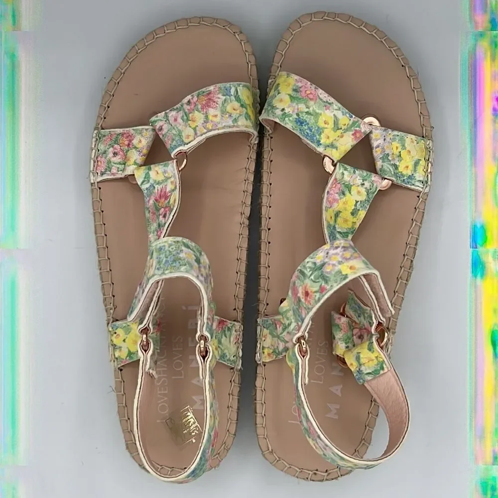 NWT Loveshackfancy X Manebi Floral Leather Espadrille Sport Sandals Size 39/US 8